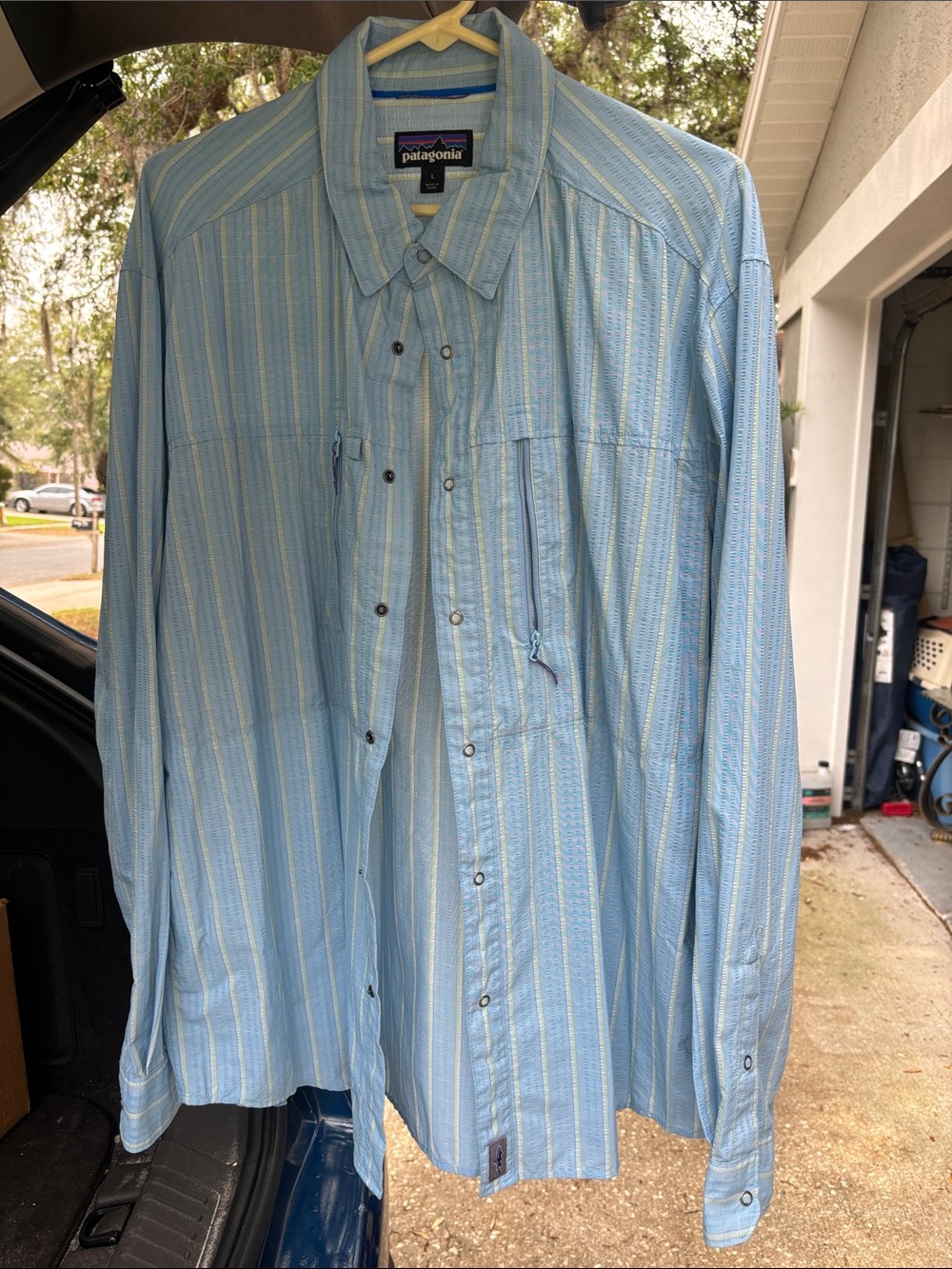 Patagonia Light Blue Striped Button-Front Shirt fishing shirt